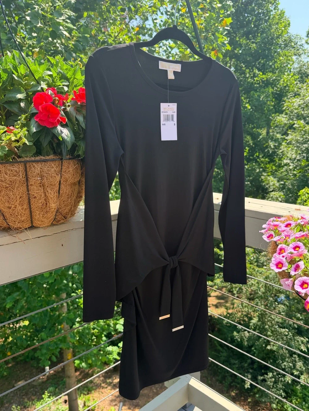 Michael KORS Little Black Dress Ruched Wrap Stretchy Midi Cocktail Dress Small